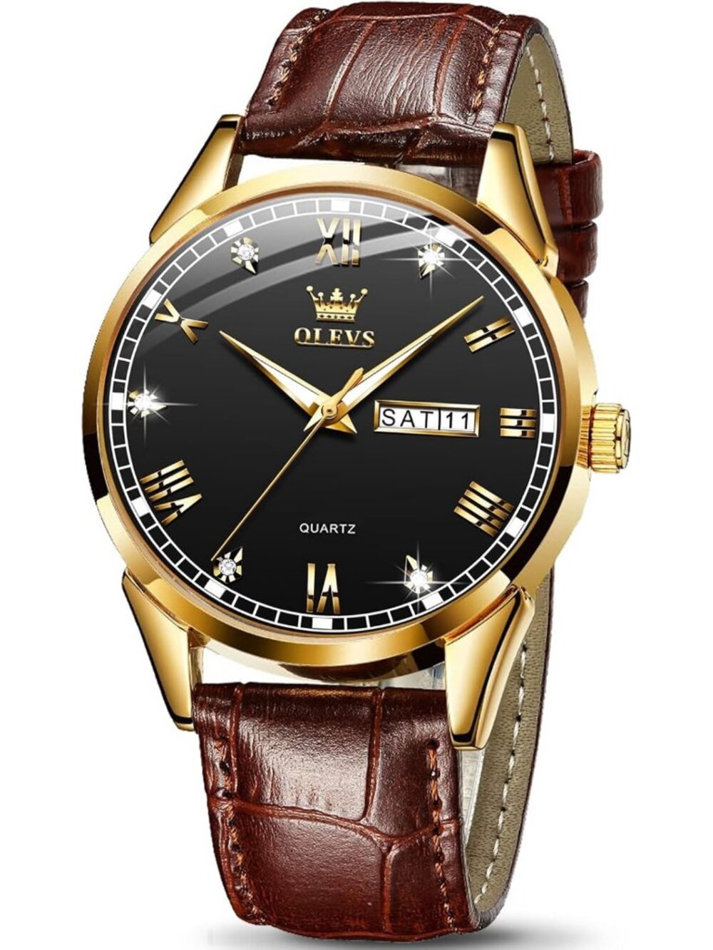 Men's Black Fashion Quartz Leather Brown Buckle Waterproof Luminous Round Watch